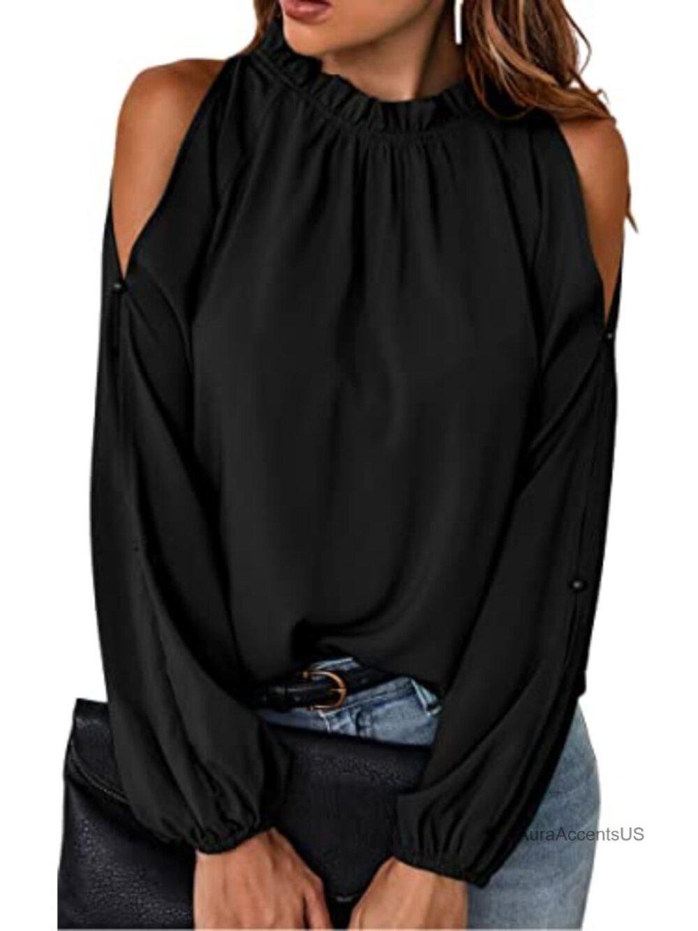 Womens Cold Shoulder Ruffle Blouse Long Sleeve Chiffon Business Casual Top